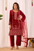 Joban Fashion Red Kurta Set Velvet Embroidery Sequence Work | Grocsy