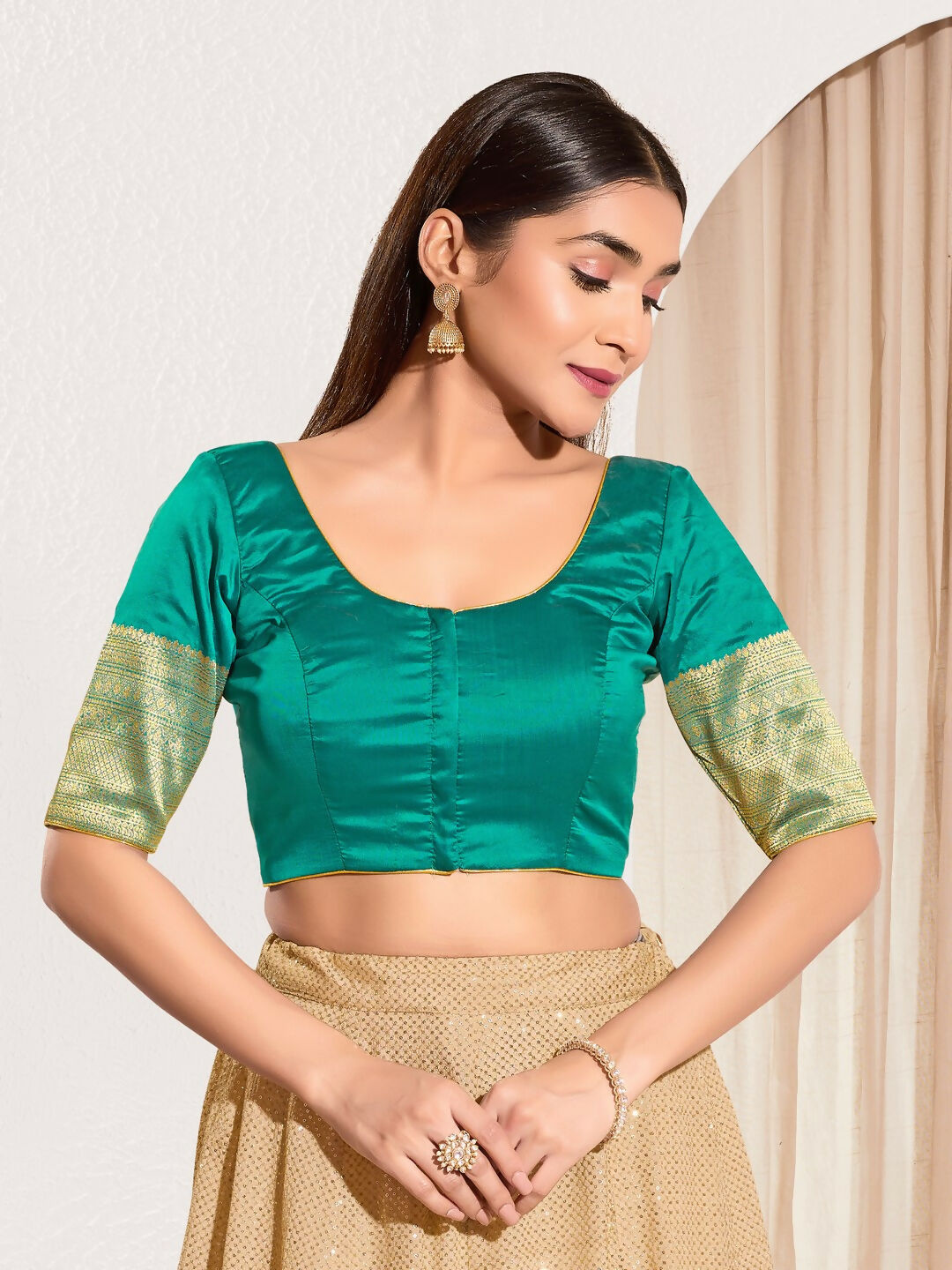 Joban Fashion Rama Green Taffeta Silk Padded Blouse With Round Neck Elbow Sleeves | Grocsy