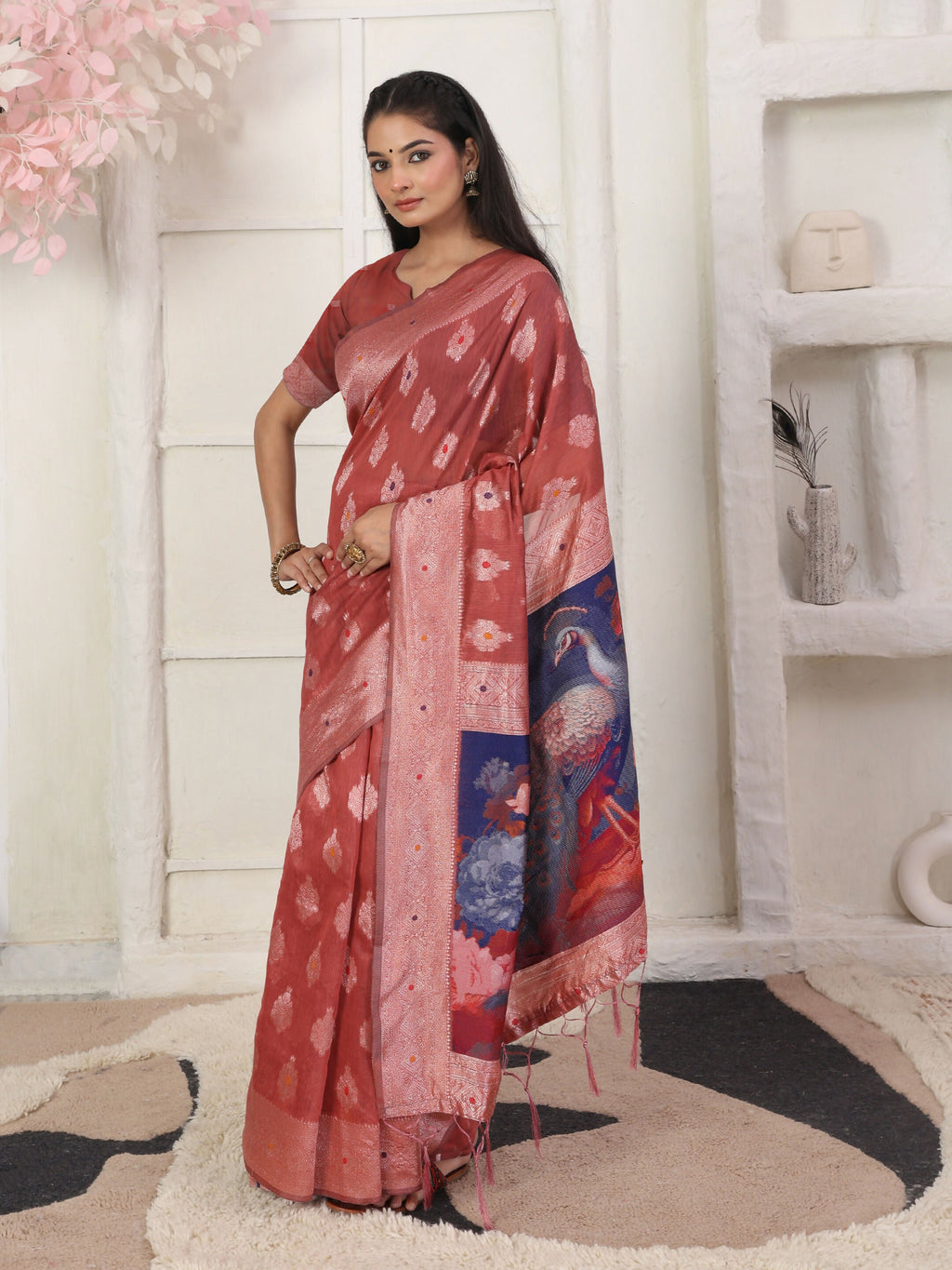 Shree Shyam Fashion Linen Cotton Rust Saree | Grocsy