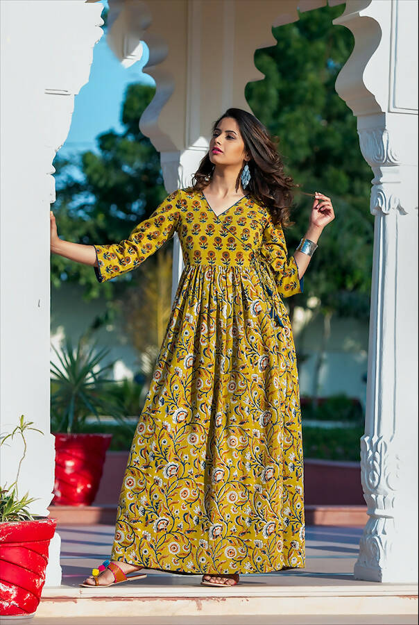 Partywear Designer Yellow Pure Maslin Gown - Anbazaar | Grocsy