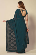 Teal Georgette Embroidered and Stone Work Saree with Unstitched Blouse Piece - Roozal | Grocsy