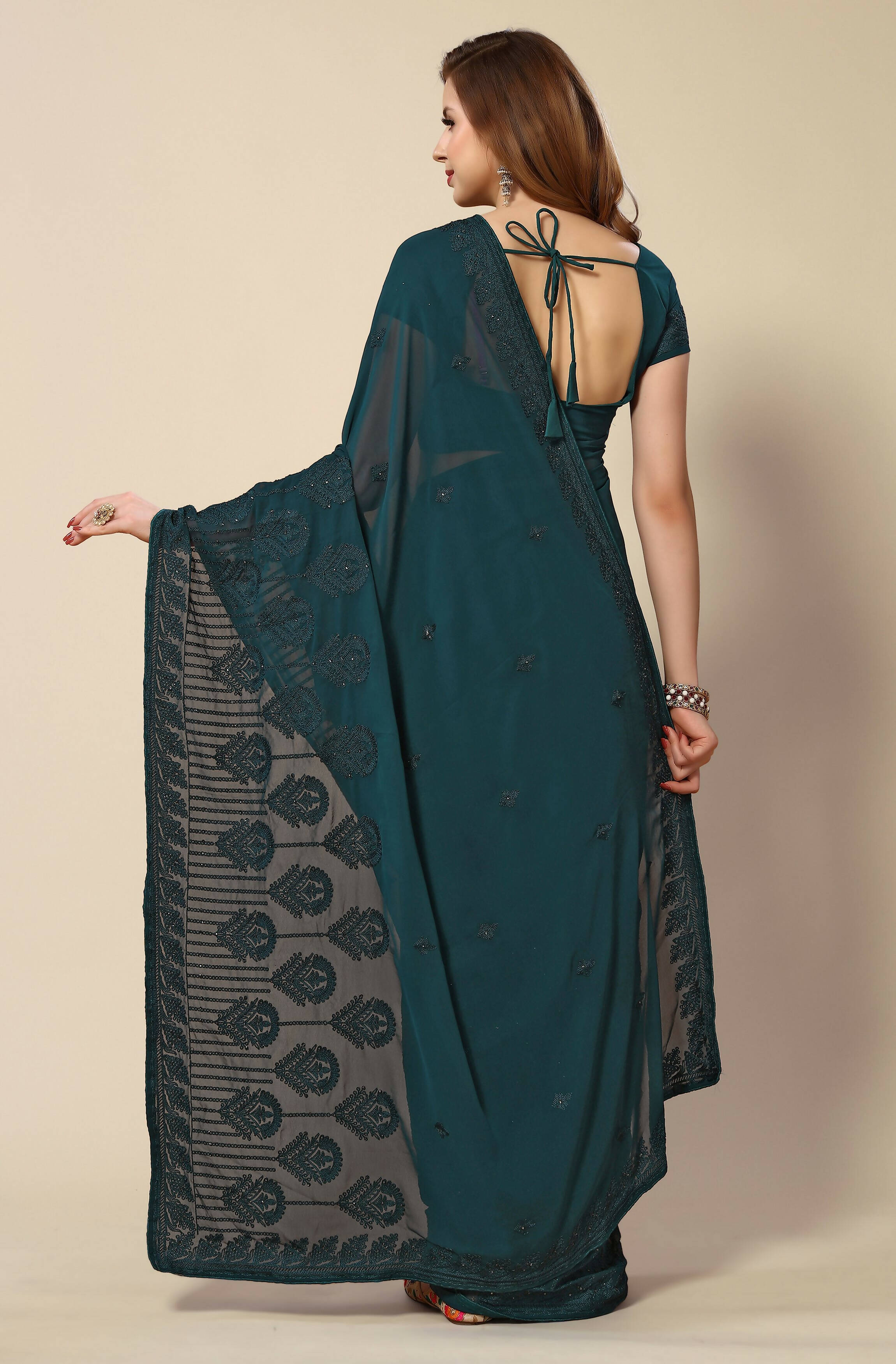 Teal Georgette Embroidered and Stone Work Saree with Unstitched Blouse Piece - Roozal | Grocsy
