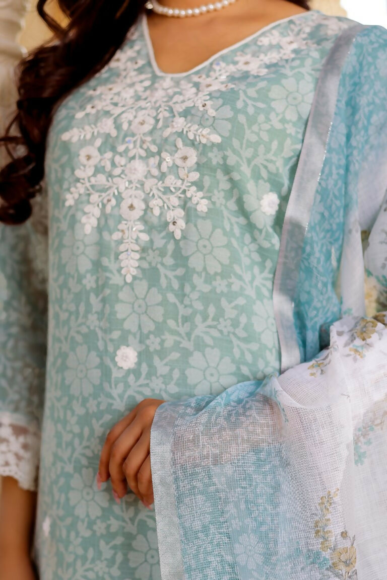 Vaasva Women Sky Blue Linen Floral Printed Kurta, Pant & Dupatta set | Grocsy