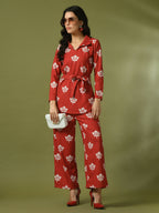 Myshka Women's Rust Printed Polo Collar Party Top With Trousers Co-ord set | Grocsy