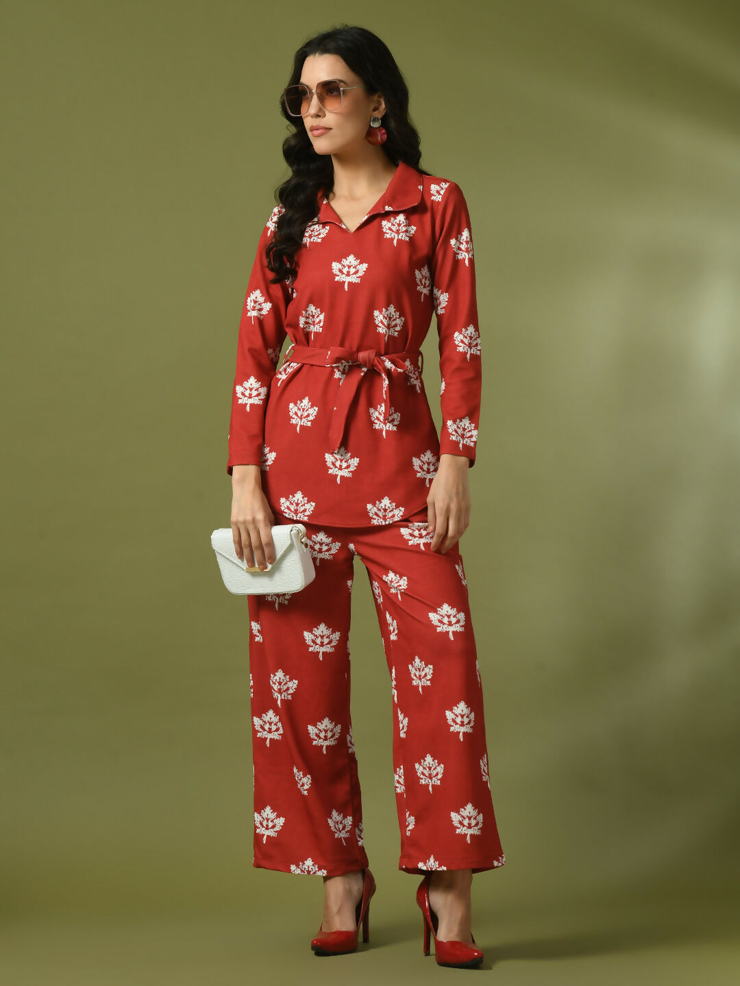 Myshka Women's Rust Printed Polo Collar Party Top With Trousers Co-ord set | Grocsy