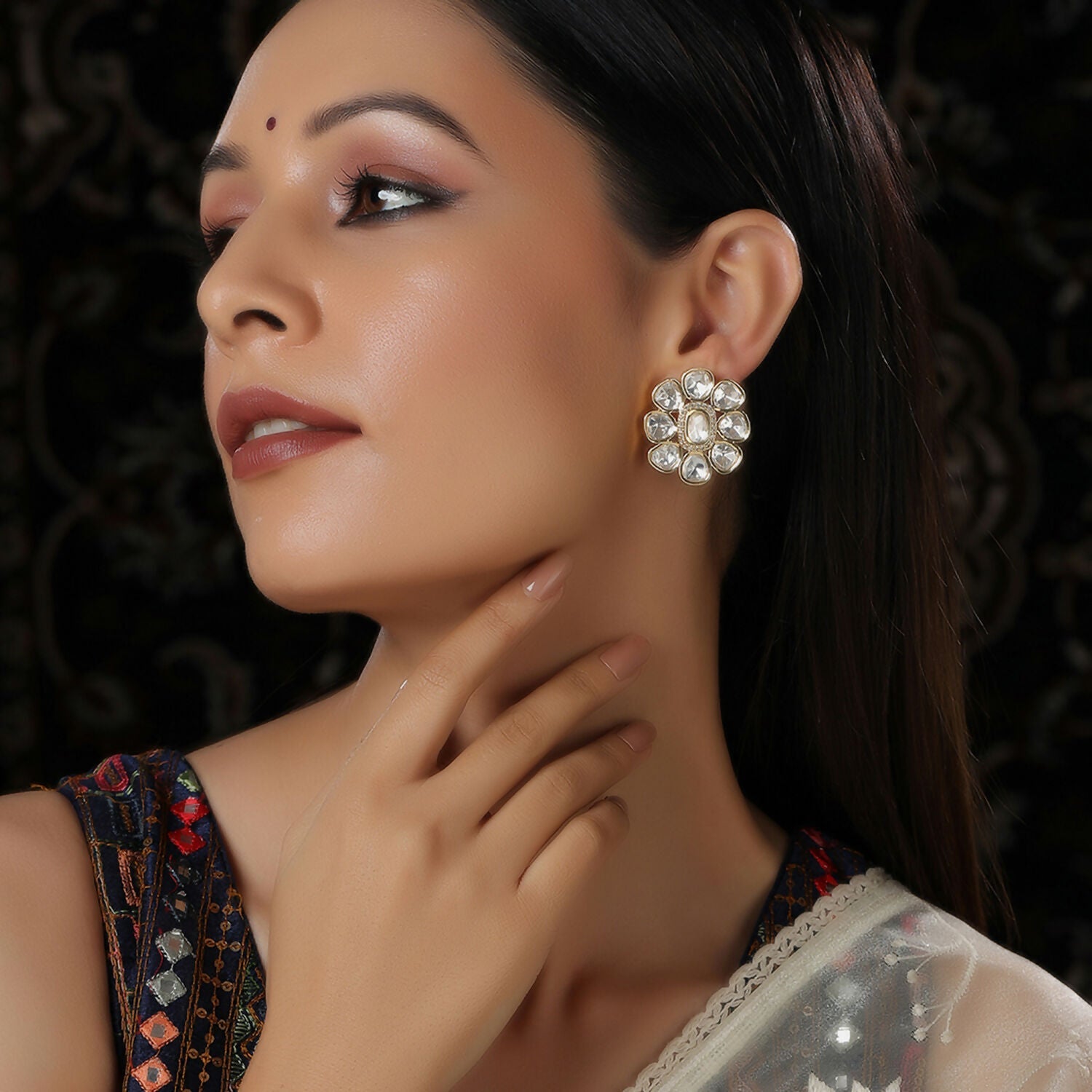 Oversized Round Kundan Studs (Gold) - Ruby Raang