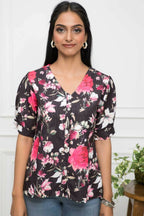 Myshka Women V-Neck Regular Sleeves Viscose Rayon Black Floral Top | Grocsy