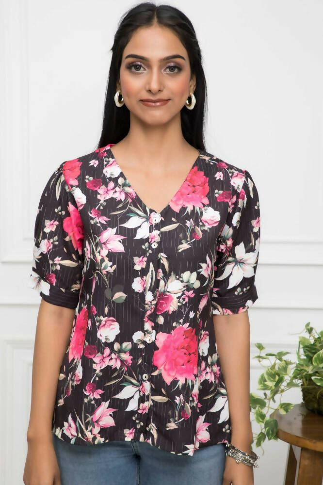 Myshka Women V-Neck Regular Sleeves Viscose Rayon Black Floral Top | Grocsy