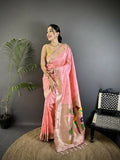 Joban Fashion Light Pink Peacock & Floral Motifs Soft Silk Kanchipuram Saree | Grocsy