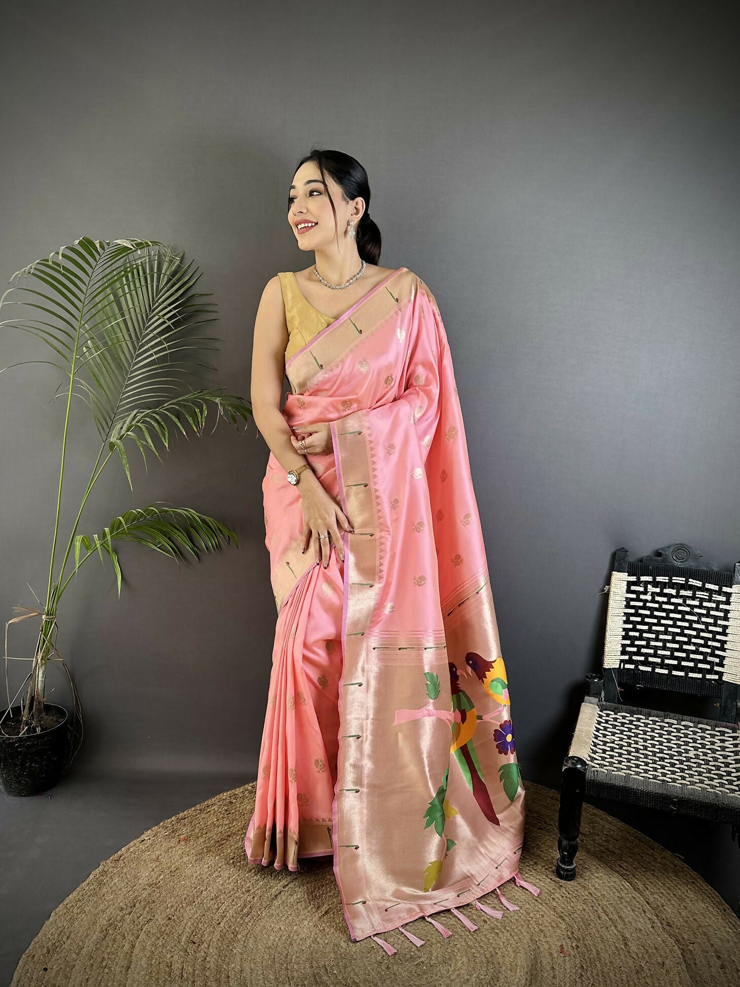 Joban Fashion Light Pink Peacock & Floral Motifs Soft Silk Kanchipuram Saree | Grocsy