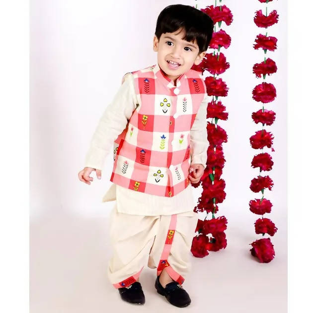 Little Bansi Boys Cream Color Floral Check Jacket with Kurta and Dhoti | Grocsy