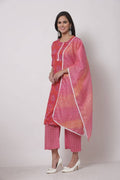 Myshka Women's Cotton Printed 3/4 Sleeve Round Neck Casual Pink Kurta Pant Dupatta Set | Grocsy
