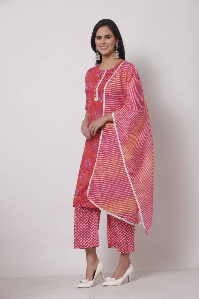 Myshka Women's Cotton Printed 3/4 Sleeve Round Neck Casual Pink Kurta Pant Dupatta Set | Grocsy
