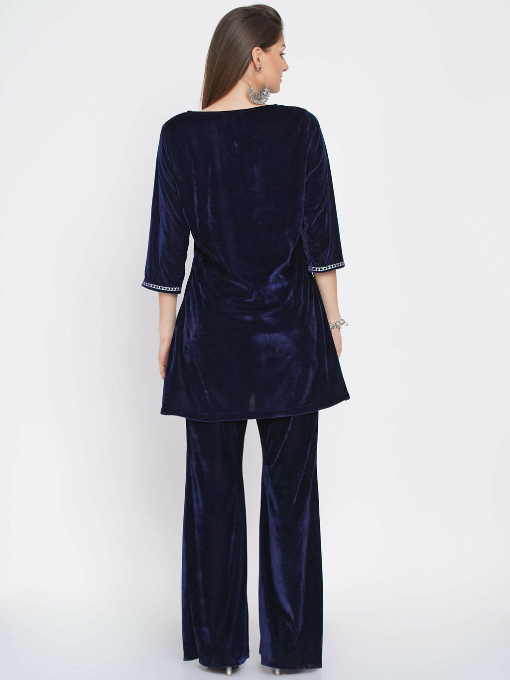 Women Republic Navy Blue Velvet Embroidered Kurta With Bellbottom Pants | Grocsy