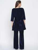 Women Republic Navy Blue Velvet Embroidered Kurta With Bellbottom Pants | Grocsy