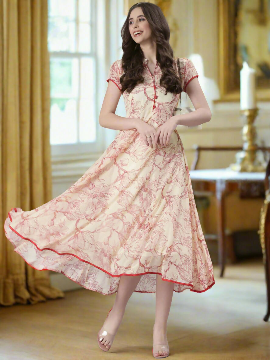 Souchii Floral Tiered Midi Dress For Women – Elegant Beige Button-Front A-Line | Grocsy