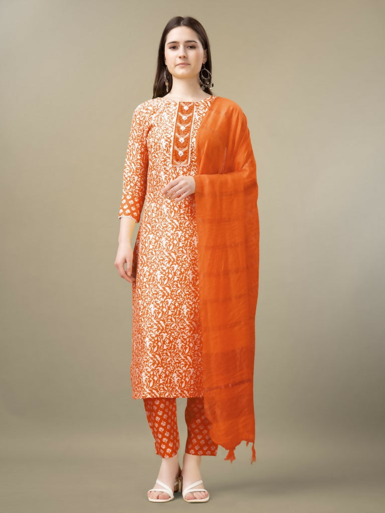Jyoti Fashion Women's Orange Rayon Embroidery & Sequence work Kurta with Trouser & Dupatta | Grocsy