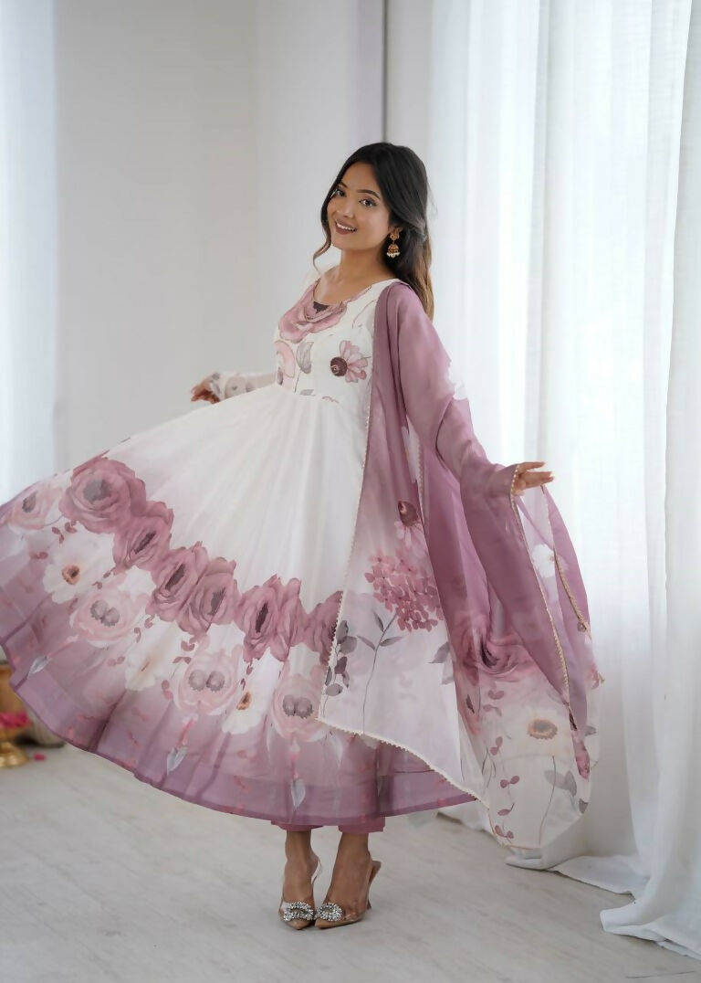 Teeya Creation Onion Color Soft organza Silk Digital Print Party Wear Gown | Grocsy