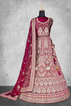 Dark Red Velvet Pure Mirror Work Semi Stitched Lehenga Choli with Dupatta - Nimaya Lagnotsav | Grocsy