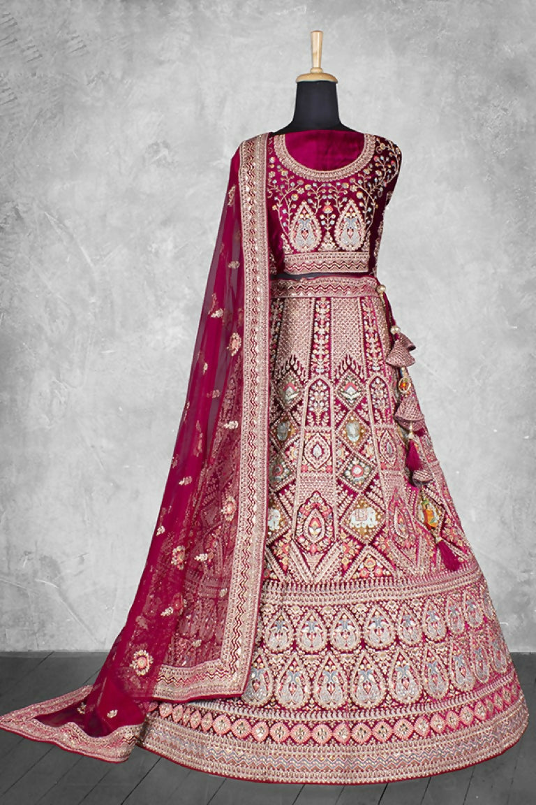 Dark Red Velvet Pure Mirror Work Semi Stitched Lehenga Choli with Dupatta - Nimaya Lagnotsav | Grocsy