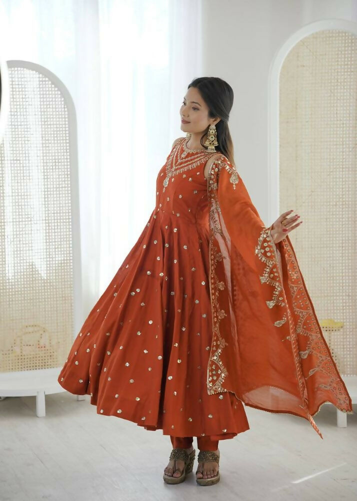 Teeya Creation Orange Color Roman Silk Embroidery Work Party Wear Gown | Grocsy