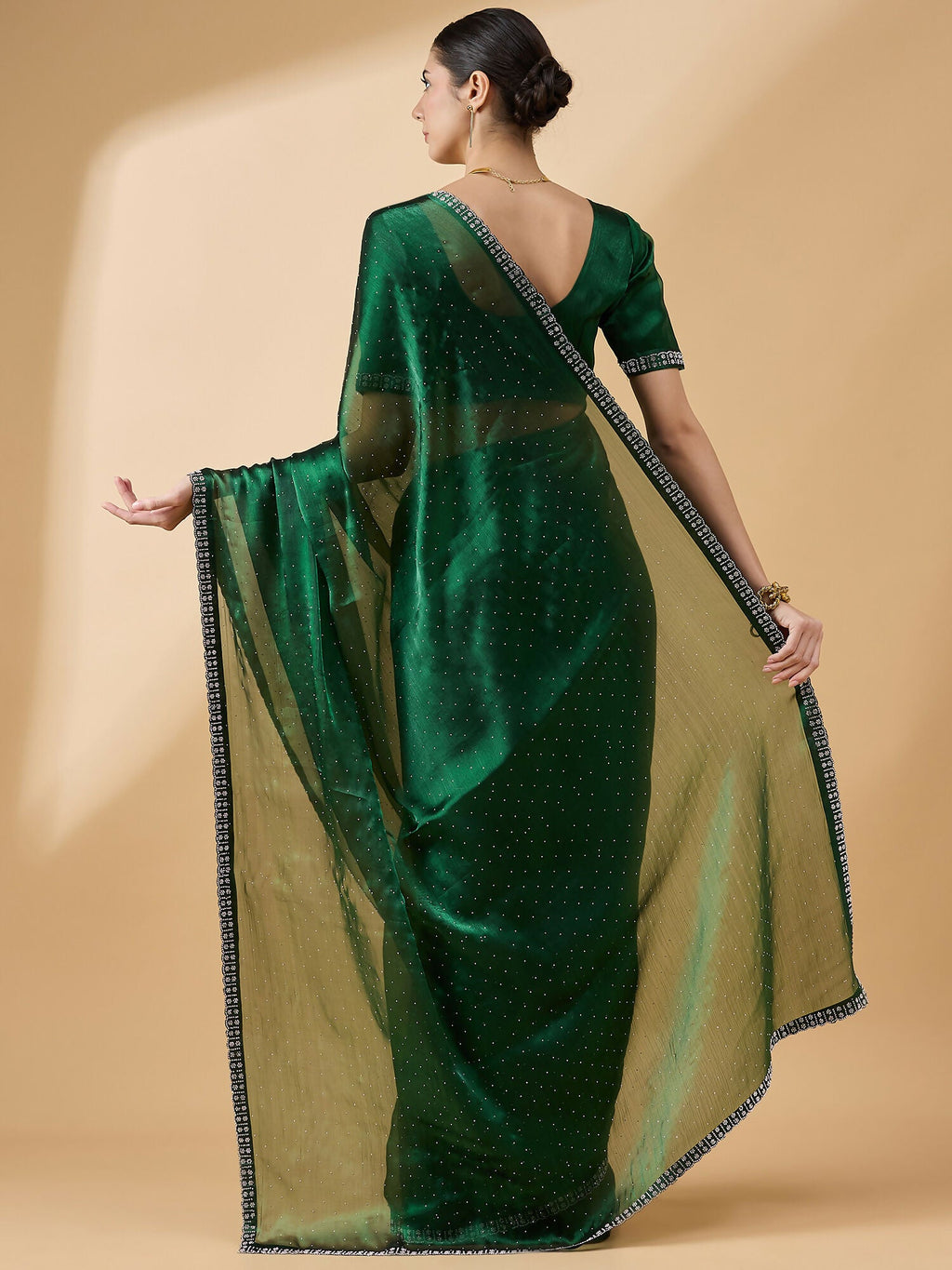Green Organza Swaroski Diamond Work Saree with Unstitched Blouse - Radha | Grocsy