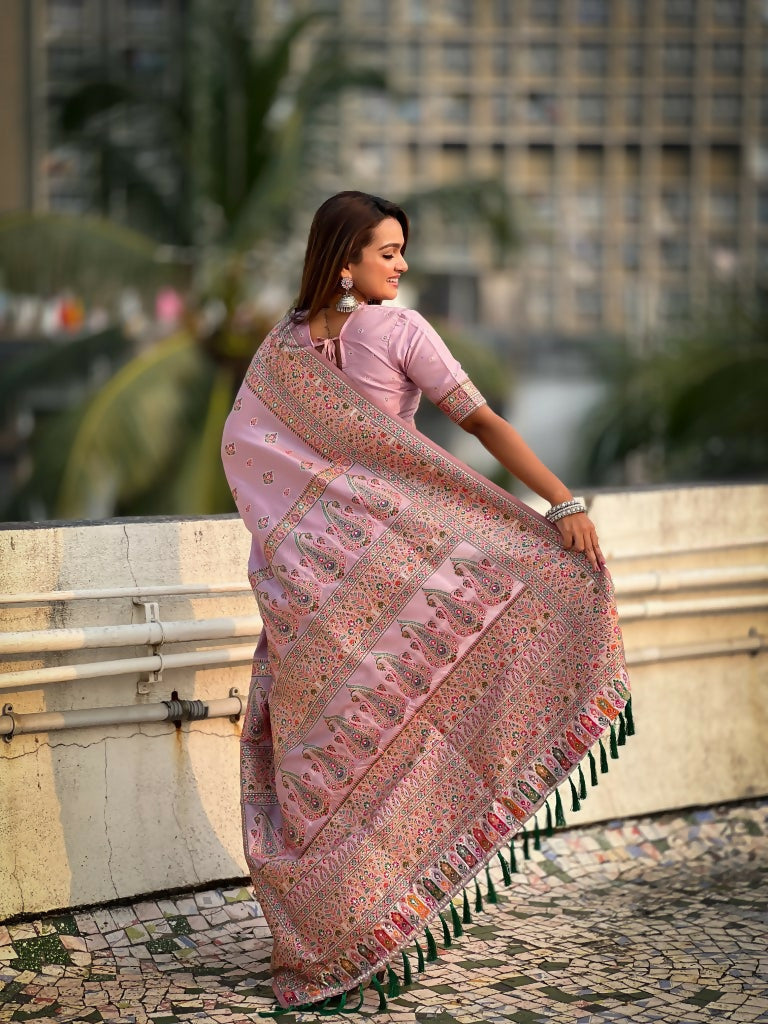 Pink Pashmina Silk Wevon Kashmiri Meenakari Designer Saree with Unstitched Blouse - Vandini | Grocsy