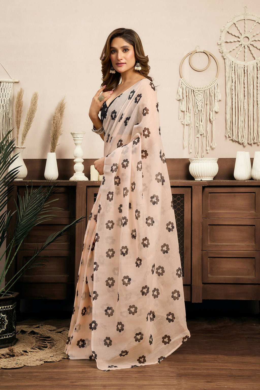 Vastranavya Cream Digital Printed Linen Ready To Wear Designer Saree with Unstitched Blouse | Grocsy