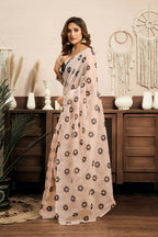 Vastranavya Cream Digital Printed Linen Ready To Wear Designer Saree with Unstitched Blouse | Grocsy