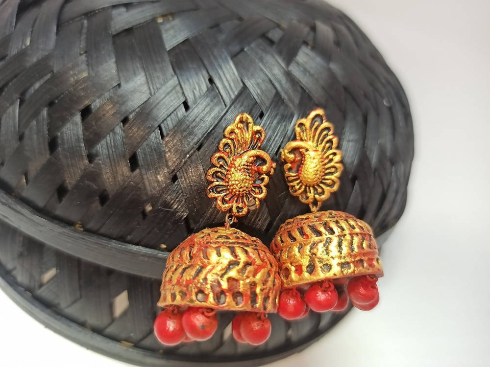 Terracotta Peacock Stud Ethnic Jhumkas-Gold Red | Grocsy