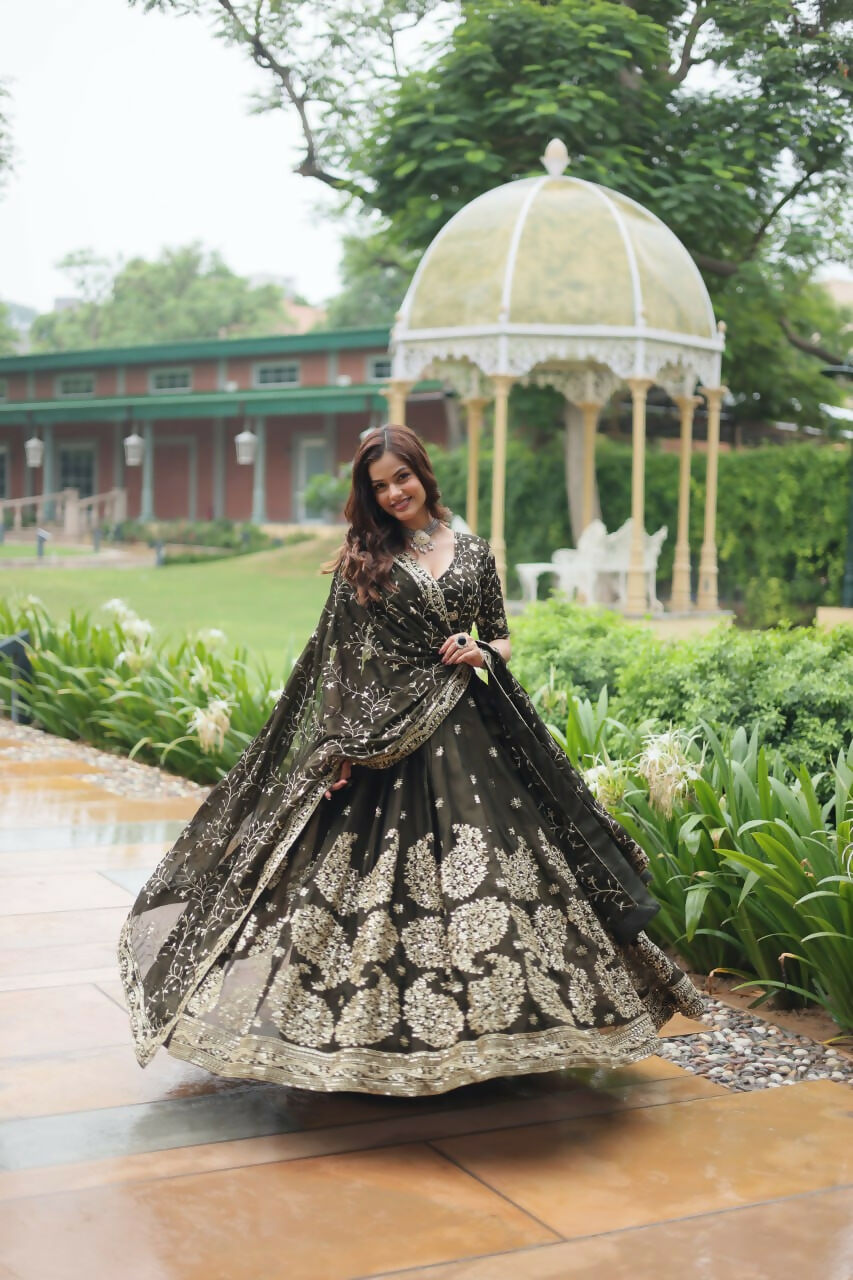 Vastranavya Designer Heavy Sequins & Thread Embroidered work Lehenga Choli - Olive Green | Grocsy