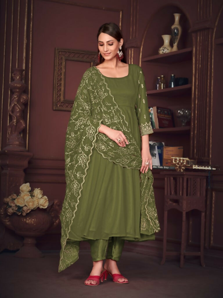 Jyoti Fashion Women's Olive Green Georgette Embroidered Anarkali Kurta Pant Set With Dupatta | Grocsy