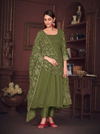 Jyoti Fashion Women's Olive Green Georgette Embroidered Anarkali Kurta Pant Set With Dupatta | Grocsy