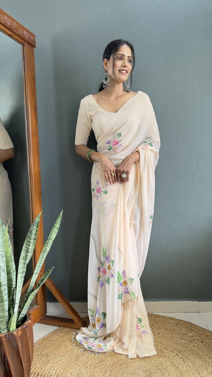 Aayaa Designer 1 min Hand Painted Ready to Wear saree - Off White | Grocsy