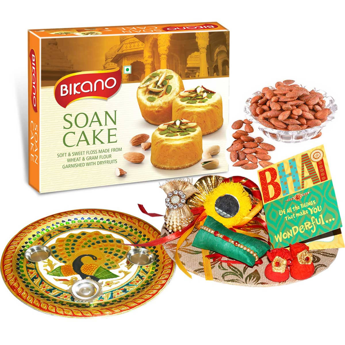 Bikano Soan Cake and Masala Almonds Rakhi Puja Thali Gifts | Grocsy