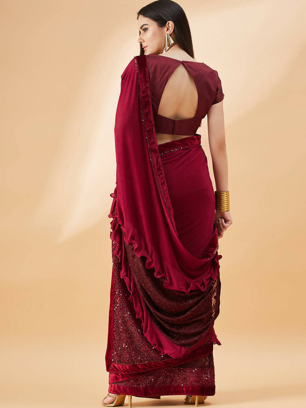 Maroon Lycra Embossed Fancy Velvet, Sequins Embroidery, Frill Details Saree - Norita Hit Design | Grocsy