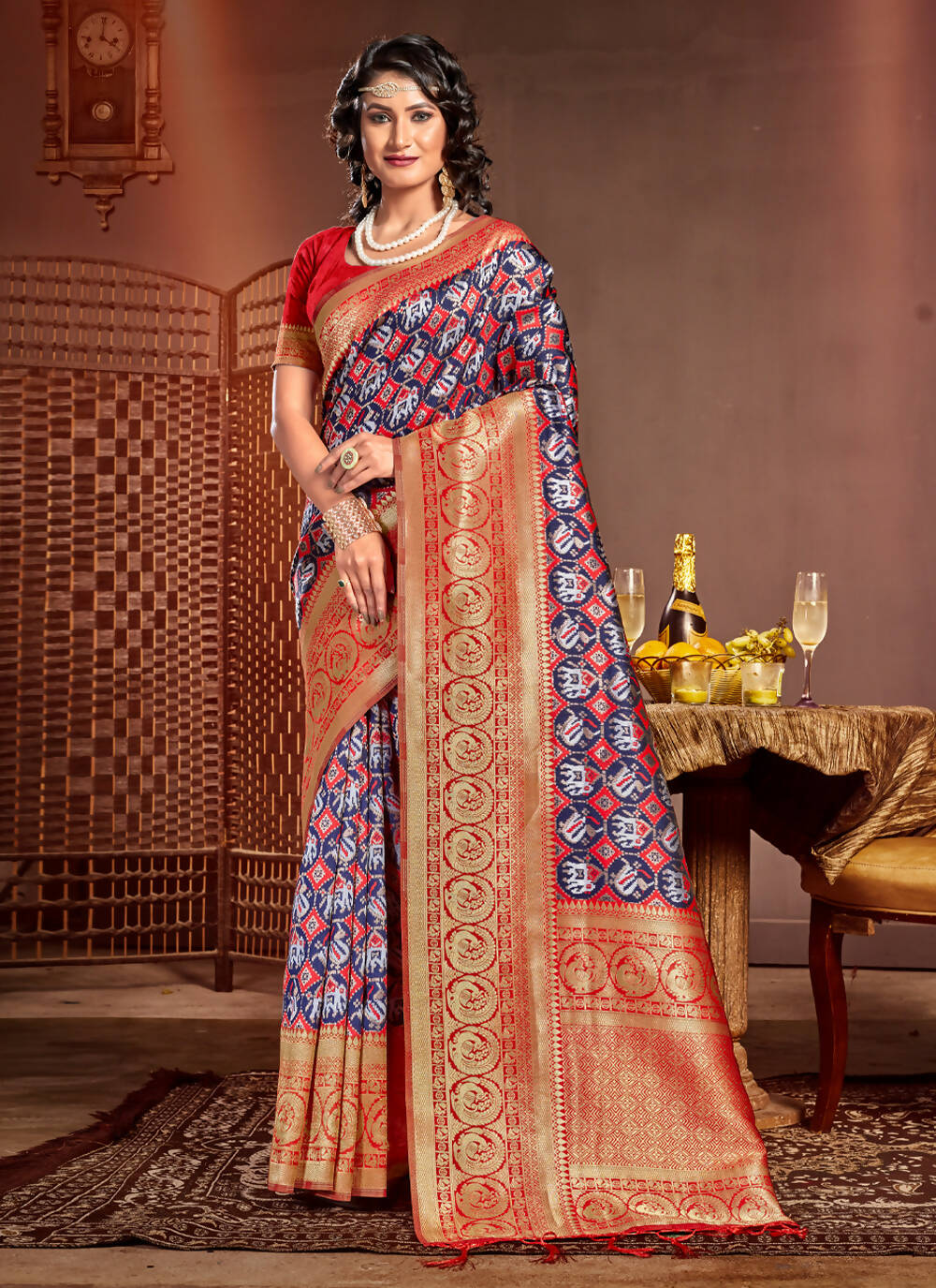 Blue Patola Silk Zari Woven Design Saree with Unstitched Blouse Piece - Aachal | Grocsy