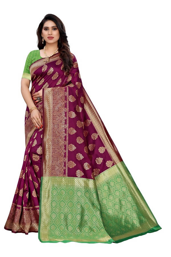 Vamika Banarasi Jacquard Weaving Wine Saree (Dangal Wine) | Grocsy