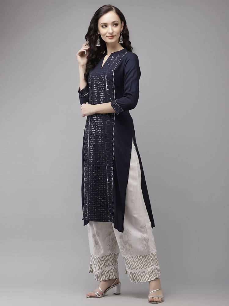 Yufta Women Navy Blue Regular Sequinned Kurta with Palazzo | Grocsy