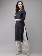 Yufta Women Navy Blue Regular Sequinned Kurta with Palazzo | Grocsy