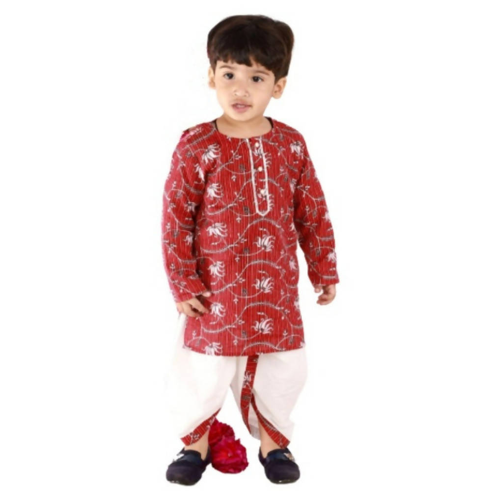 Little Bansi Boys Brown and White Color Bengali Kantha work floral kurta & Dhoti | Grocsy