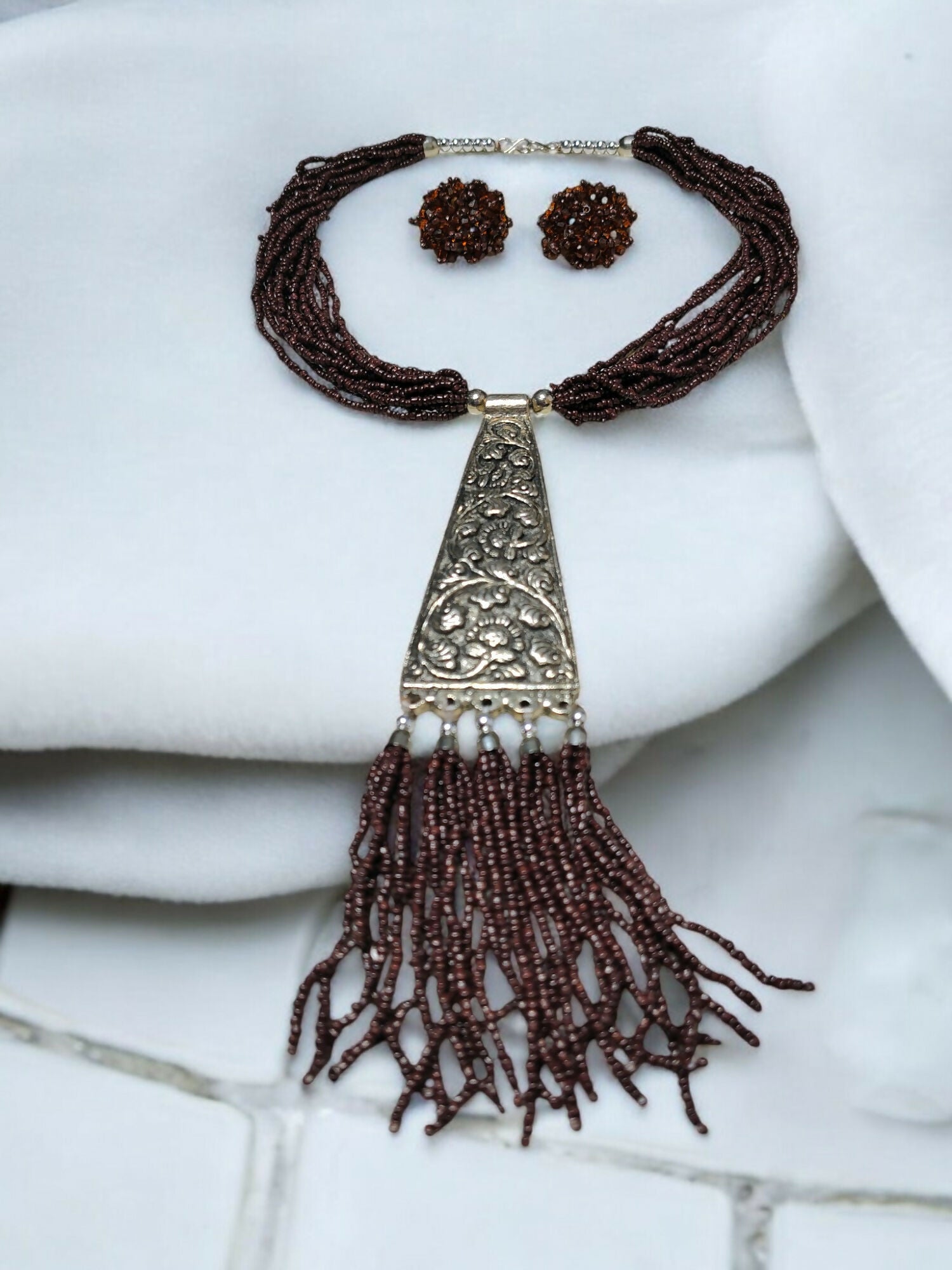 Inhanns Day-To-Dinner Tie Shaped Oxidized Black Metal Multi-Layered Long Necklace Set - Coffee | Grocsy