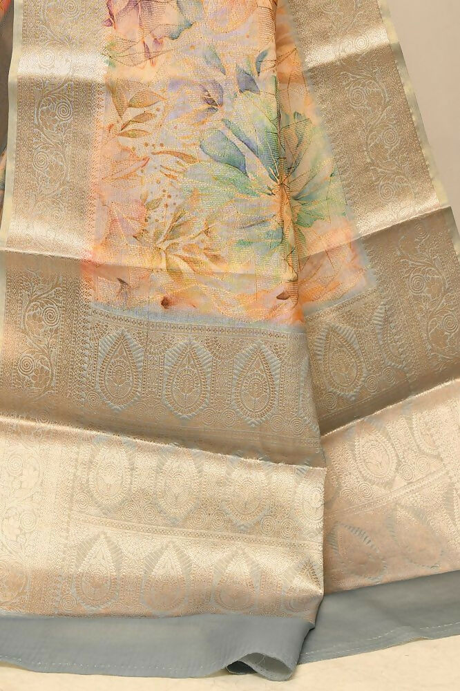 Joban Fashion Grey & Orange Saree Tissue Digital With Embroidery | Grocsy