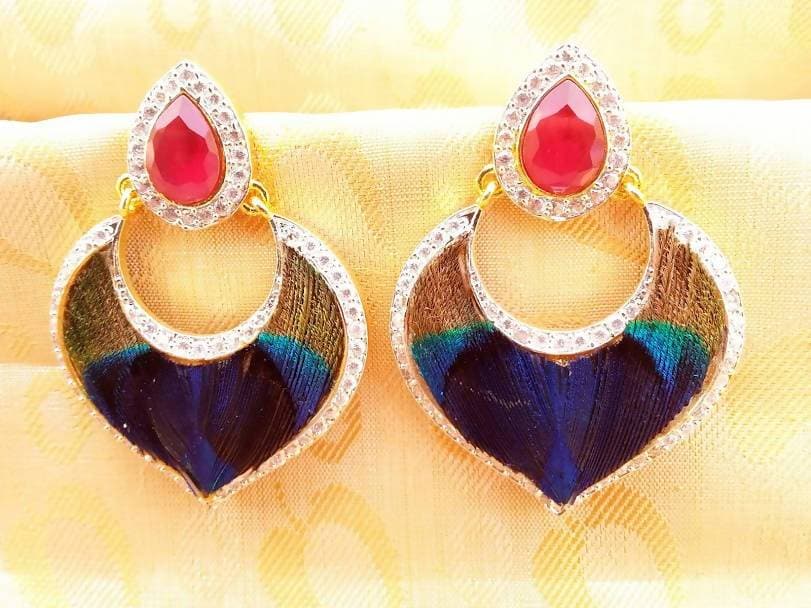 AD Ruby Peacock Feather Earrings | Grocsy