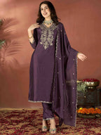 The52 Wine Women's Gorgeous Vichitra Fabric Embroidered Work Straight Kurta Pant and Dupatta Set | Grocsy