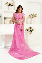 Joban Fashion Pink Floral Linen Ready To Wear Saree With Unstitched Blouse | Grocsy