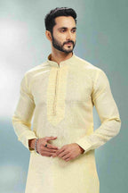 Raivat Ethnic Linen Cotton Pintux Work Kurta Pajama In Yellow Colour | Grocsy