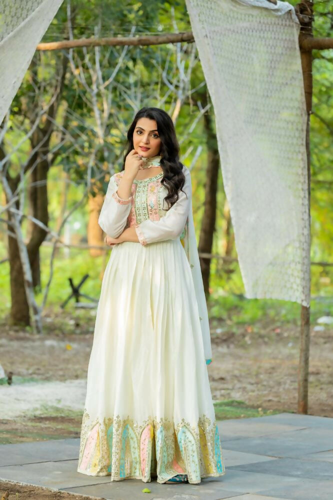 Joban Fashion White Chinnon Silk Sequence Embroidery Work Readymade Kurta Set | Grocsy