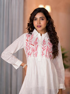 Juniper Women's White Thread Embroidered Cotton Tunic With Button Closure | Grocsy