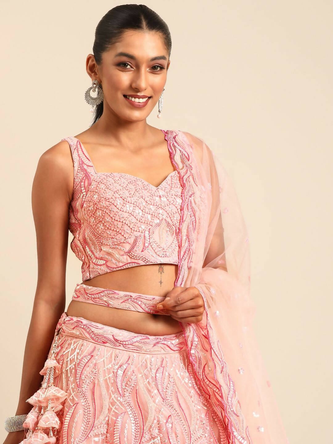 House of Panchhi Coral Pink Net Sequins and Zarkan embroidery Lehenga choli & Dupatta | Grocsy